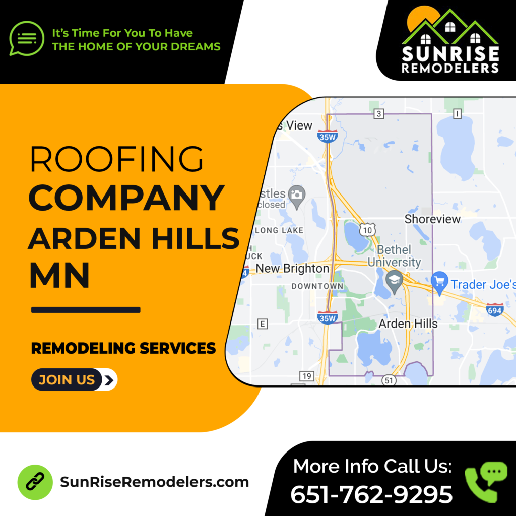 A photo of a Sunrise Remodelers roofing team working on a residential roof in Arden Hills, MN.